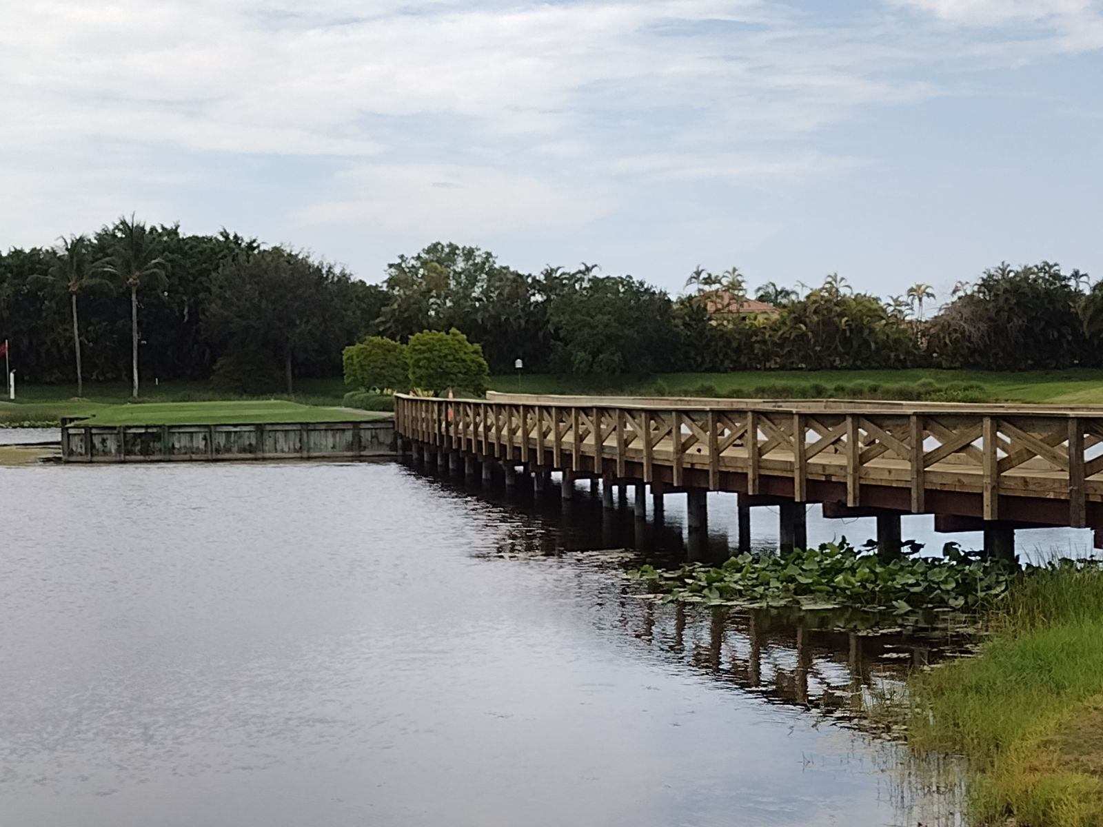 A bridge over water with trees in the background.